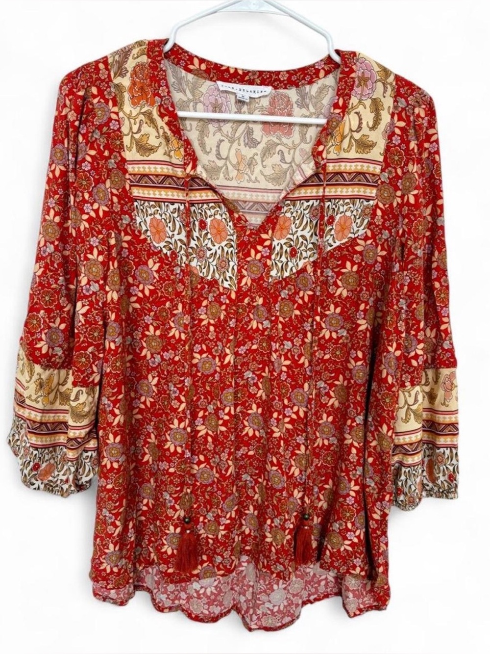Jane + Delancey Floral Paisely Boho Tassle Blouse Medium 3/4 Sleeve Festival